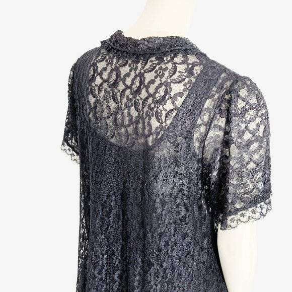 Vintage Black Lace Bed Jacket / Duster Dress by Dore / Made in Canada / Small - Picture 12 of 14